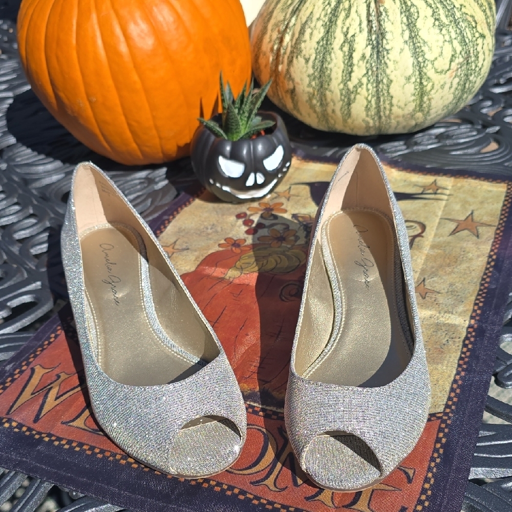 Shimmering Gold Peep-Toe Wedges